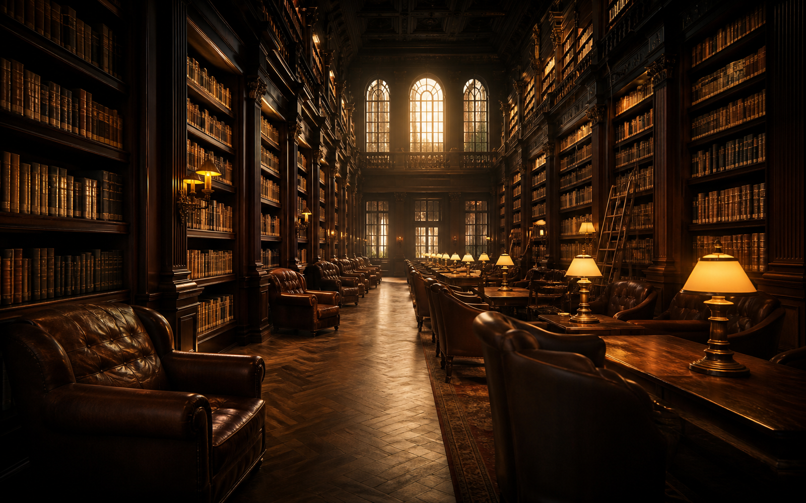 Salão de biblioteca com estantes de madeira e luz quente ao fim da tarde